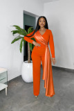 Long sleeved V-neck temperament waistband dress Spring and Autumn slim fitting women's straight tube jumpsuit
