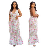 Sleeveless V-neck open back printed slim fitting long dress for early spring versatile women's suspender dress