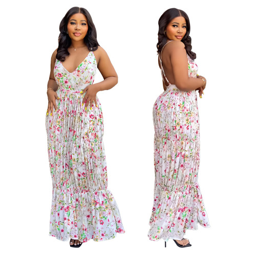 Sleeveless V-neck open back printed slim fitting long dress for early spring versatile women's suspender dress