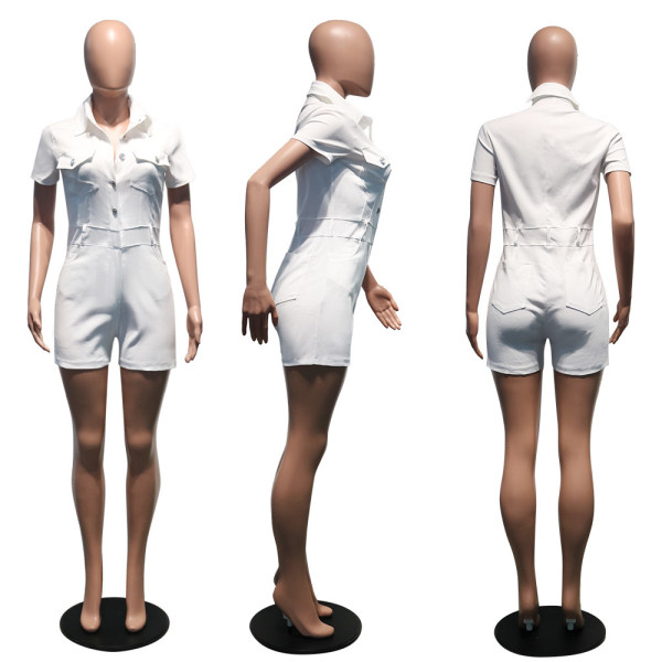 Solid color short sleeved buttoned jumpsuit