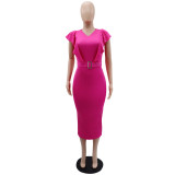 Solid V-neck Temperament High Waist Ruffle Sleeve Slim Fit One Step Hip Wrap Dress
