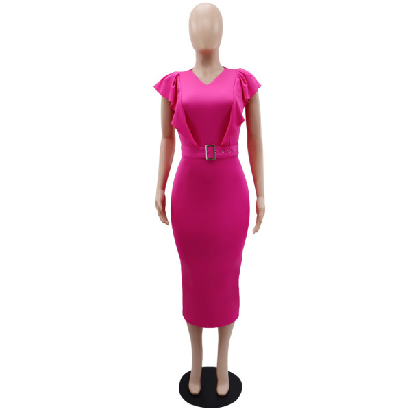 Solid V-neck Temperament High Waist Ruffle Sleeve Slim Fit One Step Hip Wrap Dress