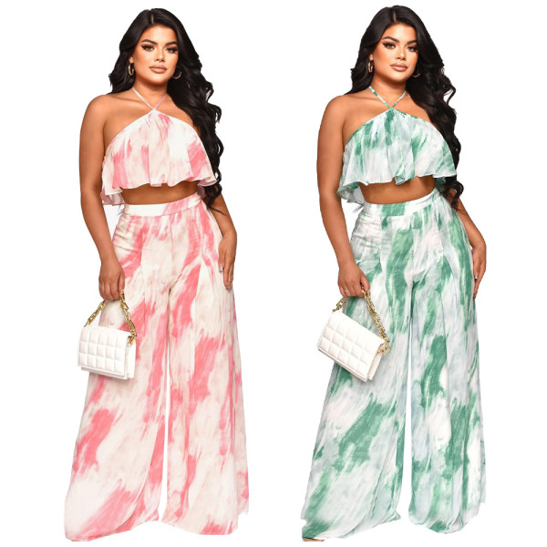 Open back sexy hanging neck bra temperament loose print pants two-piece set
