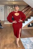 Hollow out temperament long sleeved solid color women's split spring/summer buttocks wrapped dress