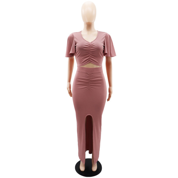 Lotus leaf sleeves with exposed navel V-neck top, split buttocks, long skirt, summer two-piece set