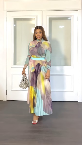 Fashion Waffle Long Sleeve Short Top Elegant Pleated Half Dress Two Piece Set
