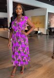 V-neck sleeveless shoulder pad casual printed commuting versatile pleated waist up dress