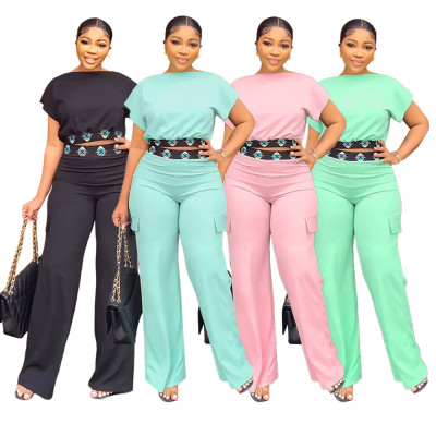 Women's short sleeved top, summer solid color versatile, loose fitting straight leg pants, two-piece set