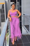 Sleeveless navel exposed short vest with small pit stripe high waisted tassel long skirt two-piece set