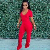 Women's fashion patchwork casual V-neck pocket wide leg jumpsuit