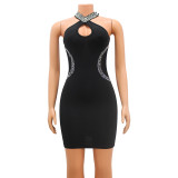 Women's Sexy Tight Hollow Iron Diamond Hanging Neck Dress