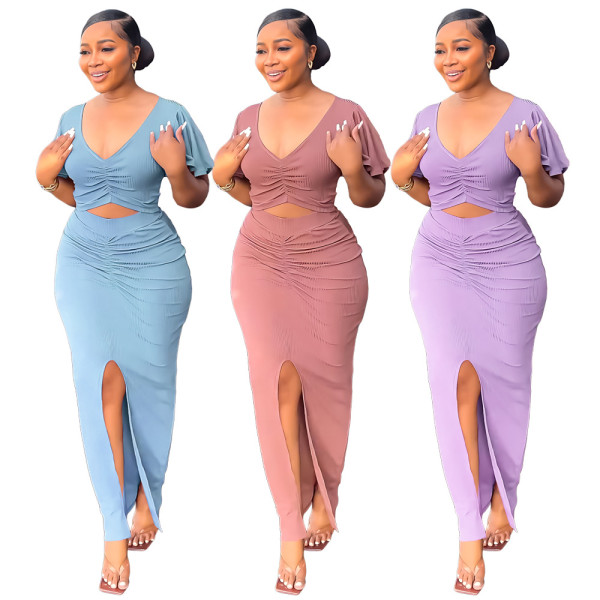 Lotus leaf sleeves with exposed navel V-neck top, split buttocks, long skirt, summer two-piece set