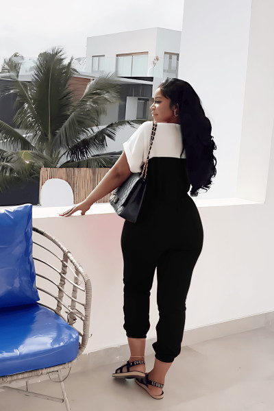 Slim fitting waistband commuting short sleeved color matching leggings women's tapered jumpsuit