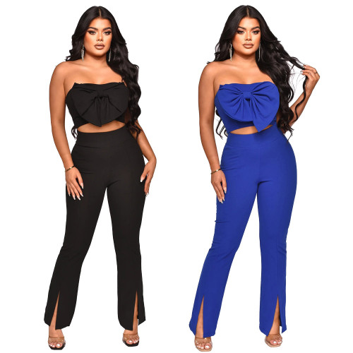 Bow wrap chest vest fashion split micro flare suit pants two-piece set