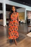V-neck sleeveless shoulder pad casual printed commuting versatile pleated waist up dress