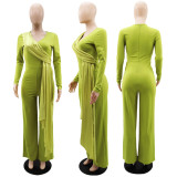 Long sleeved V-neck temperament waistband dress Spring and Autumn slim fitting women's straight tube jumpsuit