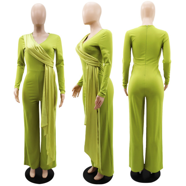 Long sleeved V-neck temperament waistband dress Spring and Autumn slim fitting women's straight tube jumpsuit