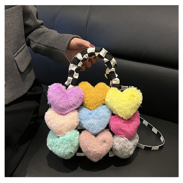 Plush patchwork bag, love denim tote bag, crossbody bag