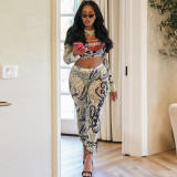Mesh Perspective Fashion Set Round Neck Hollow out Print Long Sleeve Top High Waist Bottom Two Piece Set