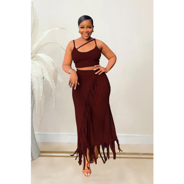 Women's sleeveless suspender with open waist tassel long skirt two-piece set