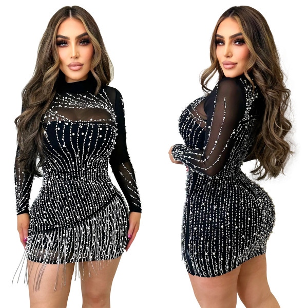 Fashionable women's long sleeved hot pressed diamond mesh perspective short skirt dress