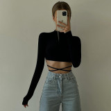 Casual Umbilical Lace up Zebra Stripe Open Back Top