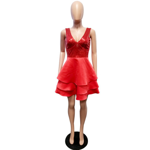 Women's sexy V-neck sequin front short back long dress