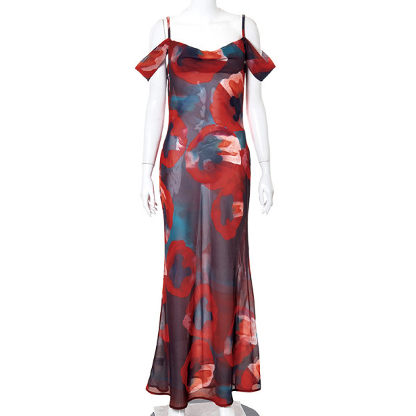 Fashion printed suspender sleeveless high waisted off shoulder style dress