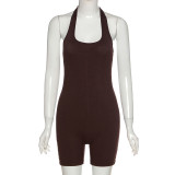 Women's Solid Color Sexy Open Back Hanging Neck Short Sports Jumpsuit