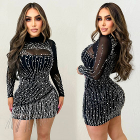 Fashionable women's long sleeved hot pressed diamond mesh perspective short skirt dress