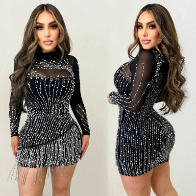 Fashionable women's long sleeved hot pressed diamond mesh perspective short skirt dress