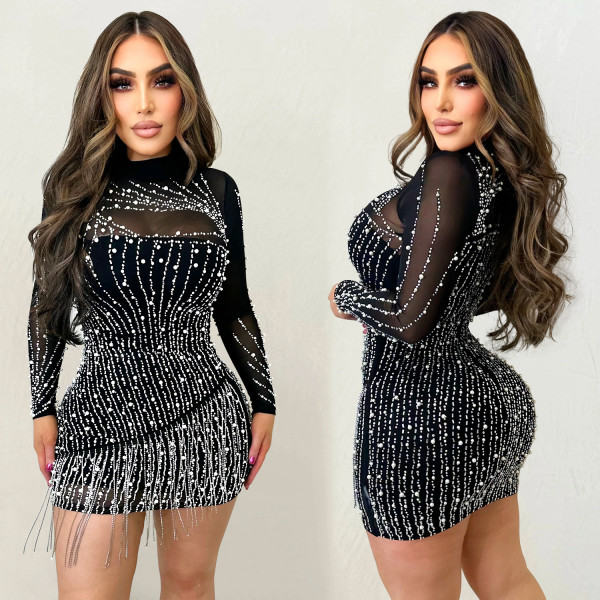 Fashionable women's long sleeved hot pressed diamond mesh perspective short skirt dress