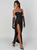 Sexy Lace Sleeve Panel Slim Fit Sparkling Split Strap Dress
