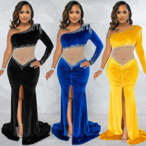 Velvet Diamond Mesh Perspective Pleated Diagonal Collar One Shoulder Split Dress Velvet Diamond Mesh Perspective Pleated Diagonal Collar One Shoulder Split Dress