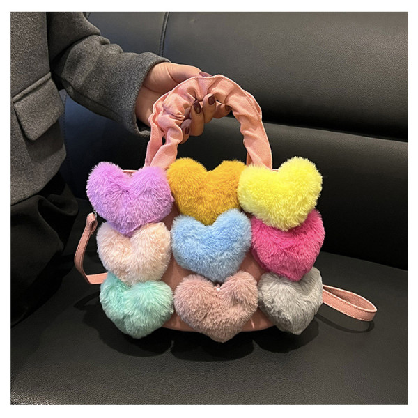 Plush patchwork bag, love denim tote bag, crossbody bag