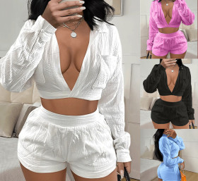 Solid color long sleeved pocket pullover white shorts set