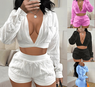 Solid color long sleeved pocket pullover white shorts set