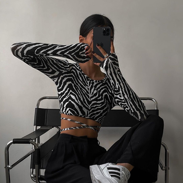 Casual Umbilical Lace up Zebra Stripe Open Back Top