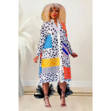 Women's printed long sleeved button up mid length dress