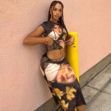 Digital printed head portrait round neck top, medium length half skirt, two piece set