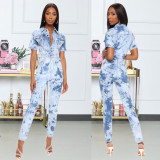 Sexy and fashionable wash, tie, flower, and float denim jumpsuit