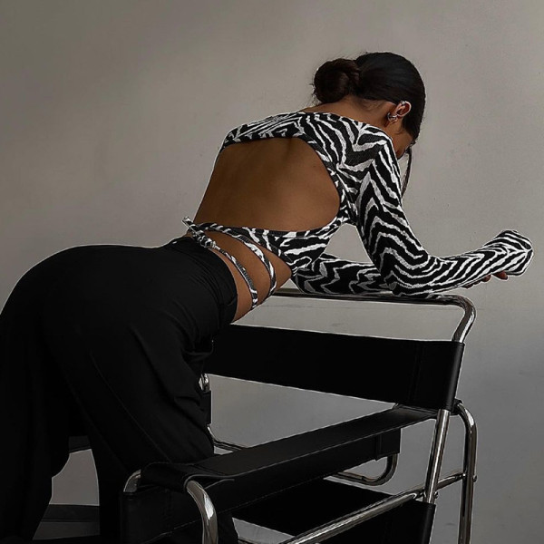 Casual Umbilical Lace up Zebra Stripe Open Back Top