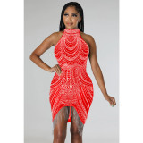 Women's Solid Color Hot Diamond Sleeveless Hanging Neck Short Dress Dress