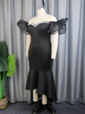 Sexy Mesh Off Shoulder Fishtail Dress Banquet Party Hot Diamond Dress