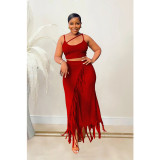 Women's sleeveless suspender with open waist tassel long skirt two-piece set