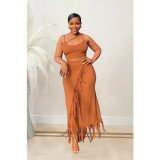 Women's sleeveless suspender with open waist tassel long skirt two-piece set