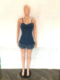 Fashionable drawstring pleated zipper slim fitting fringed raw edge denim jumpsuit