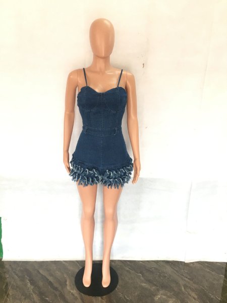 Fashionable drawstring pleated zipper slim fitting fringed raw edge denim jumpsuit