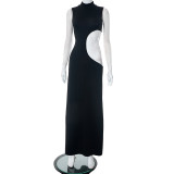 Clear color round neck sleeveless hollowed out spicy girl dress