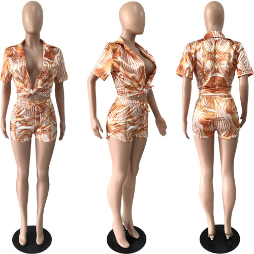 Stretch Tint Printed Shirt Short Two Piece Set